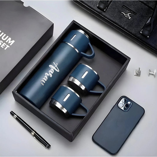 Personalized Stainless Steel Water Bottle Vacuum Flask Set with 3 Steel Cups Combo